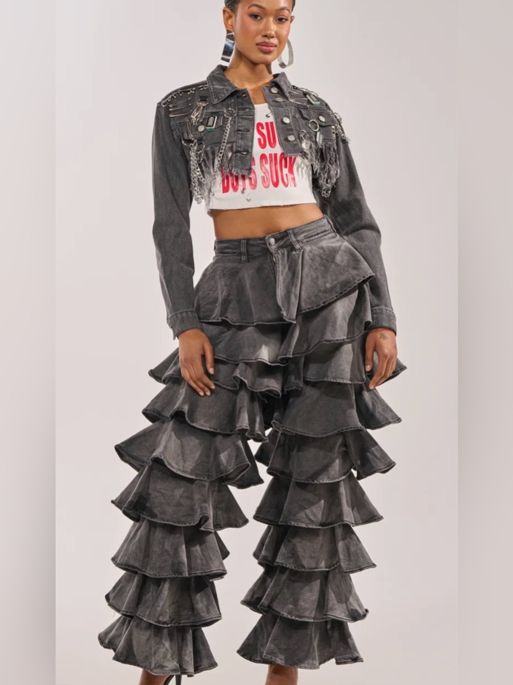 NWT AKIRA Layered Ruffle Wide-Leg Pants - Gray black size L - Picture 2 of 5